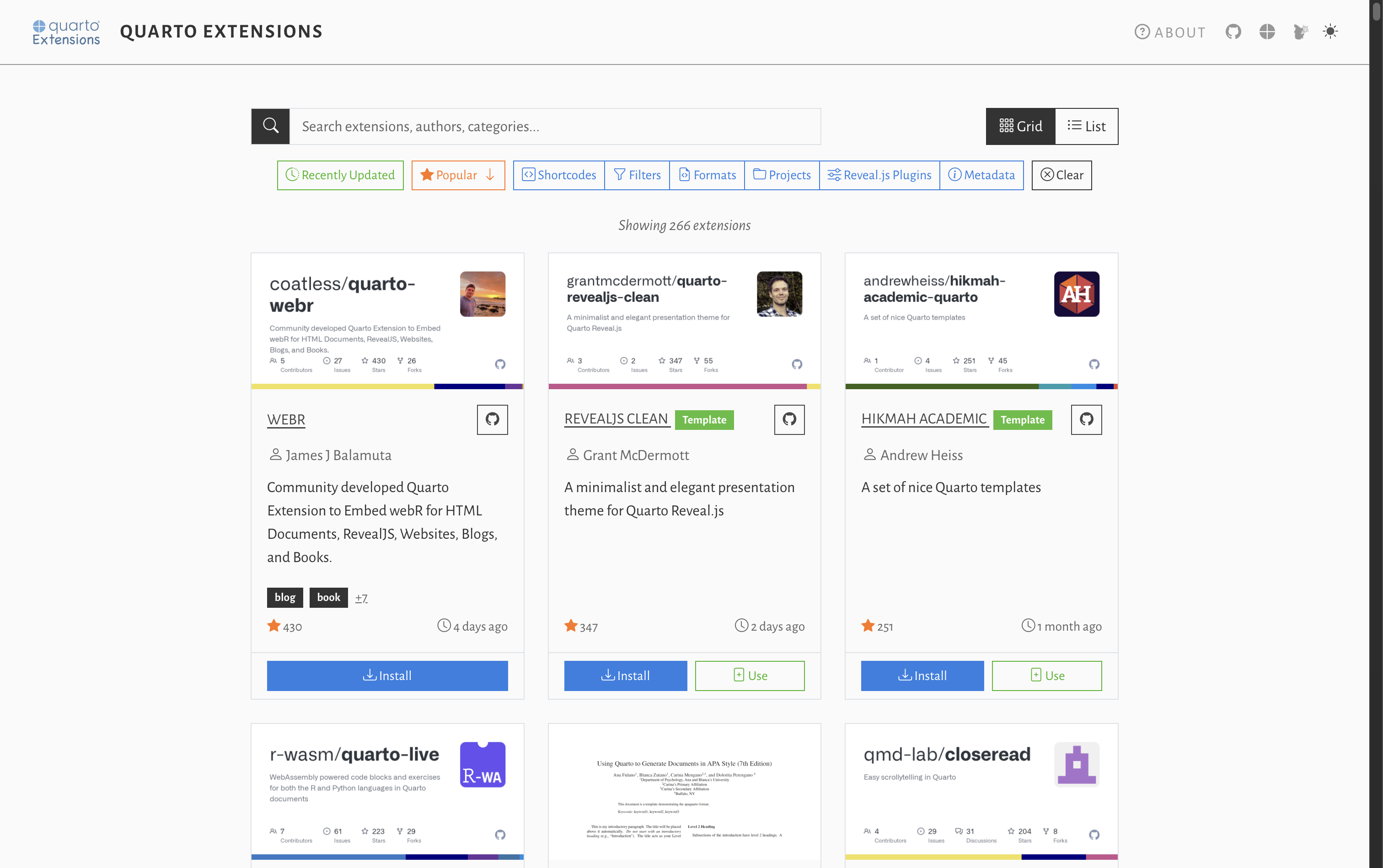 Mickaël CANOUIL's Quarto Extensions directory Quarto Extensions website displaying grid of extension cards including webr, Reveal.js Clean theme, and Hikmah Academic templates.