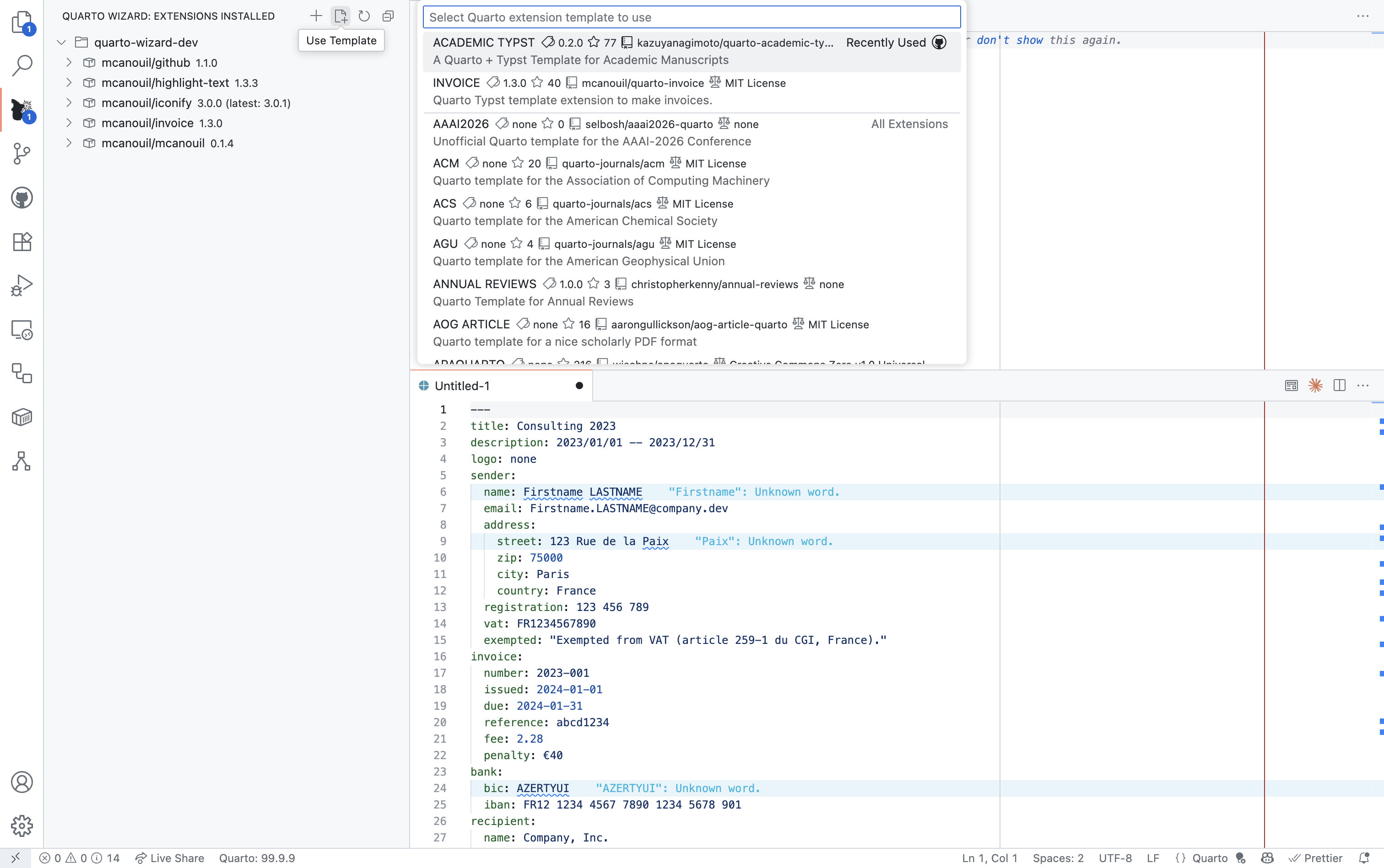 Quarto Wizard: Use Template (Light) Visual Studio Code showing Quarto Wizard with installed extensions list and document editor displaying invoice template with YAML frontmatter.